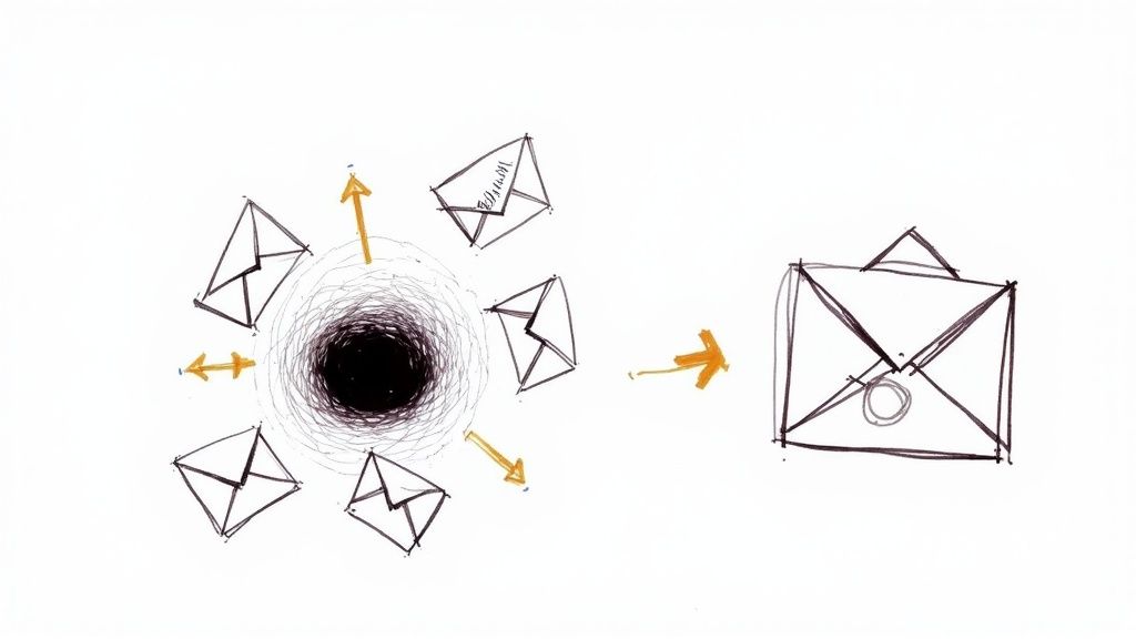 An illustration showing emails successfully flying into an inbox, representing improved deliverability.