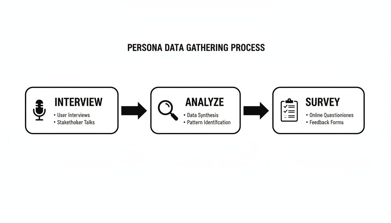 Flowchart illustrating the persona data gathering process, including interview, analyze, and survey steps.