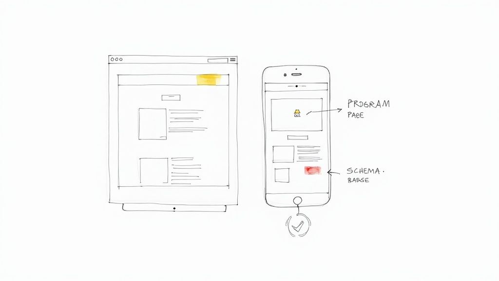 Desktop and mobile device mockups showing responsive web design with program page and schema badge