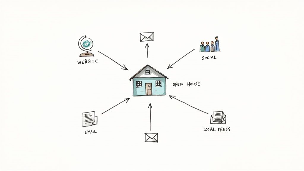 A marketing diagram showing an 'Open House' promoted through various channels: website, social media, email, and local press.