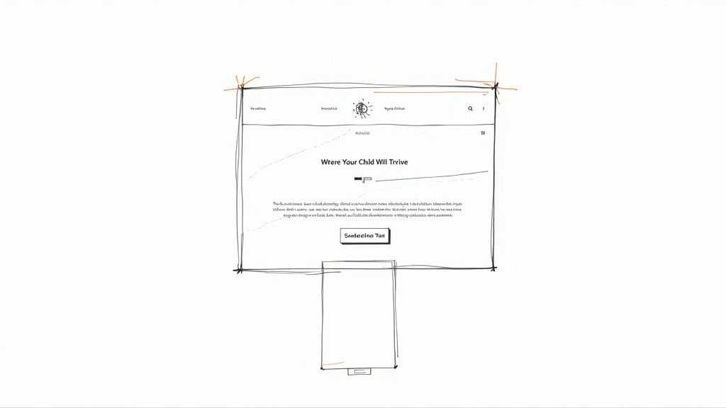 Hand-drawn website wireframe of a homepage with a title, navigation, placeholder text, and a call-to-action button.