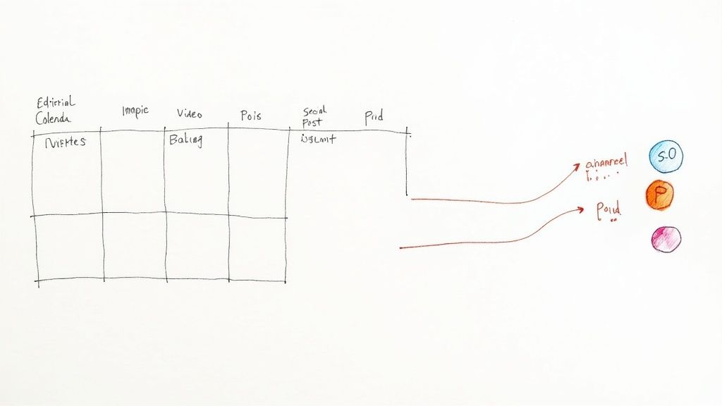 An editorial calendar on a screen with team members collaborating around it.