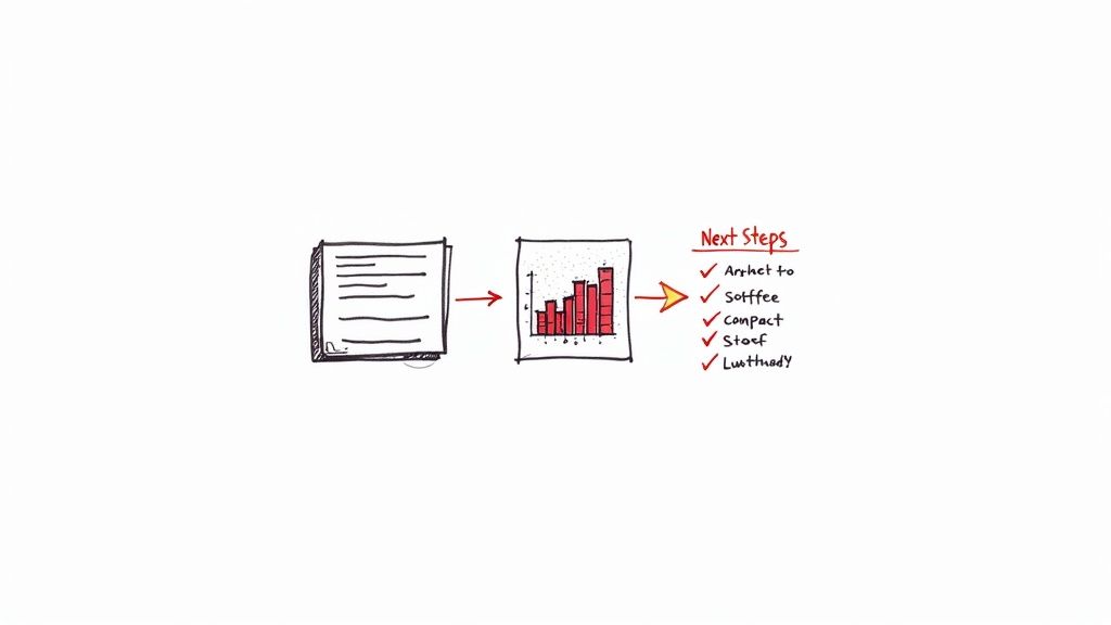 Hand-drawn illustration of a workflow: input documents, data visualization, and actionable next steps.