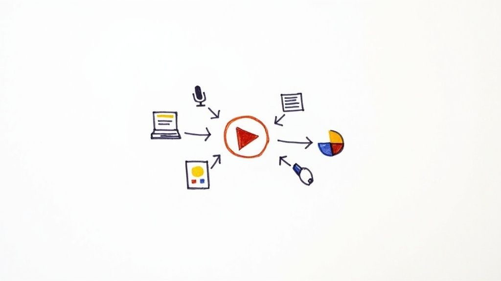 Infographic showing a central video asset being repurposed into multiple formats like a podcast, blog post, social media clips, and a transcript.