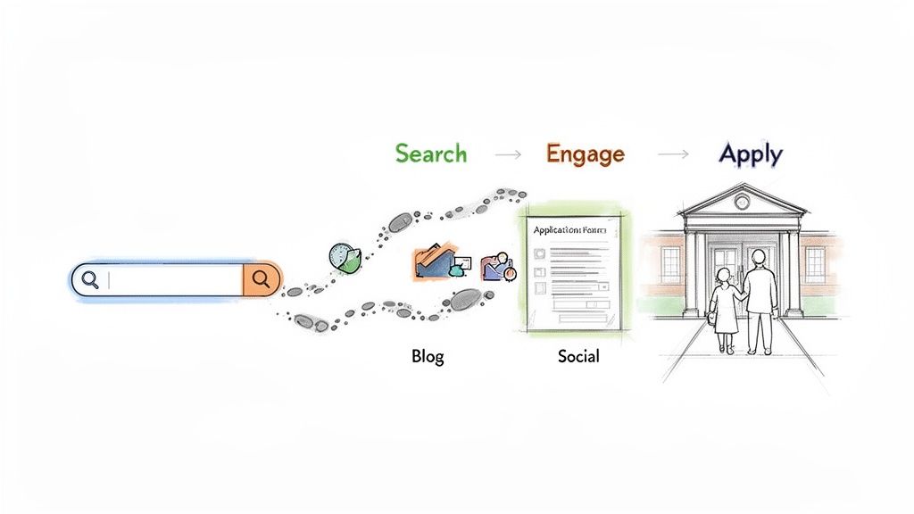 Visualizing a marketing funnel: search leads to engagement with blog and social content, culminating in application.