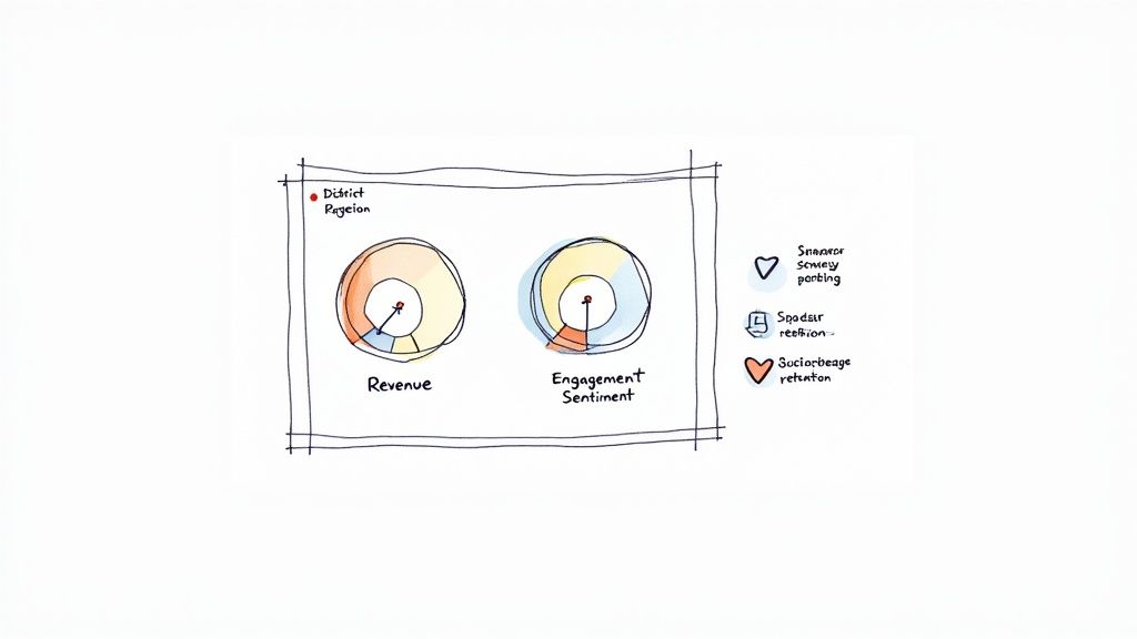 A hand-drawn whiteboard sketch displaying revenue and engagement sentiment gauges with a legend.