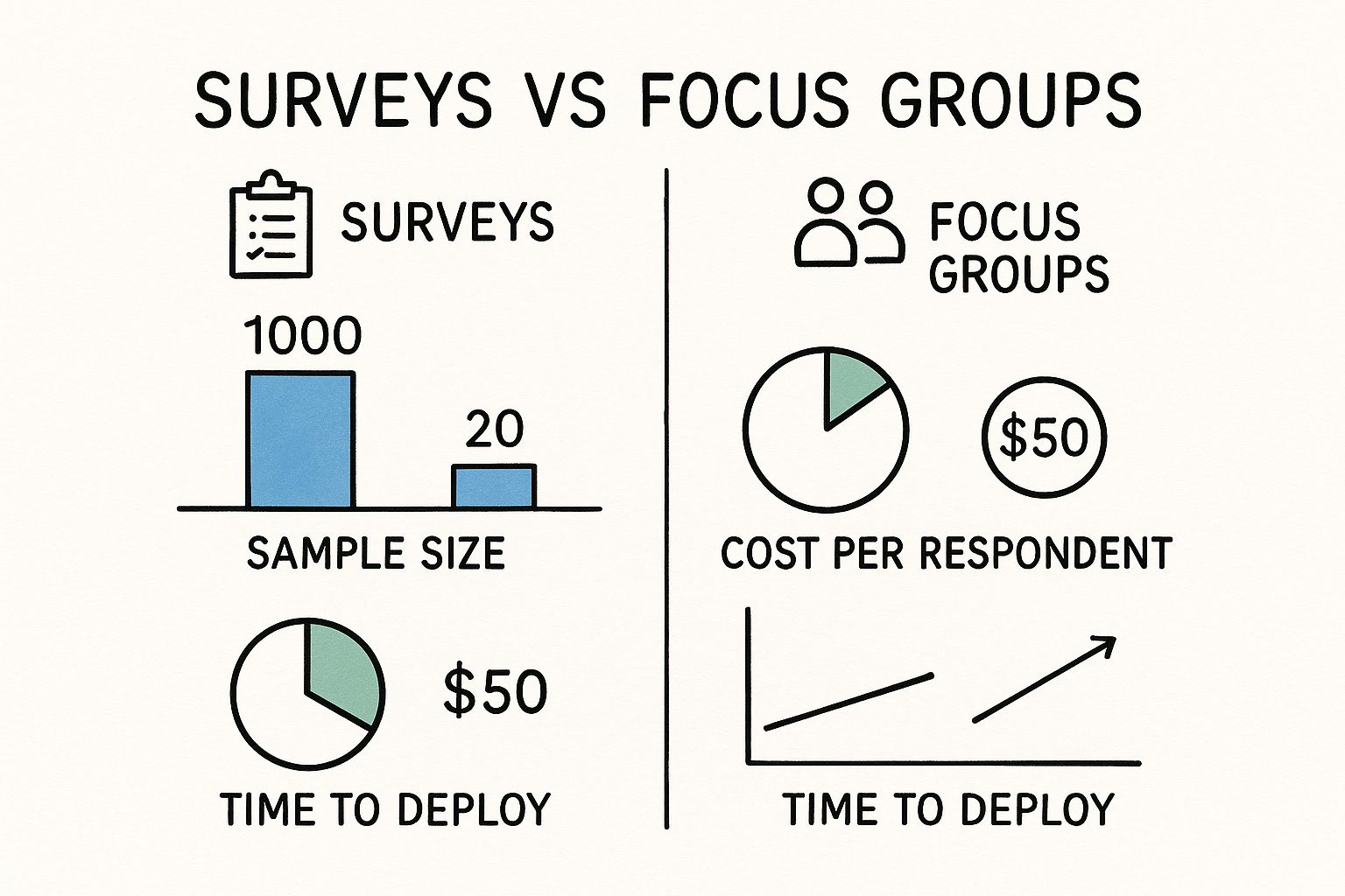 Infographic comparing surveys and focus groups on sample size, cost per respondent, and deployment time.