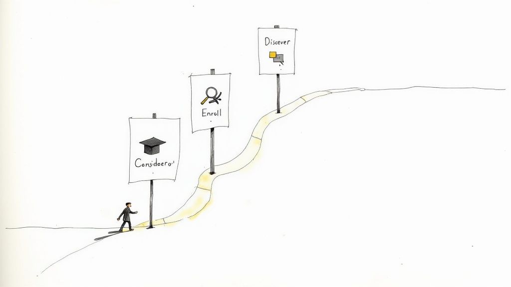 A person walks up a path past signs reading 'Considero', 'Enroll', and 'Discover'.