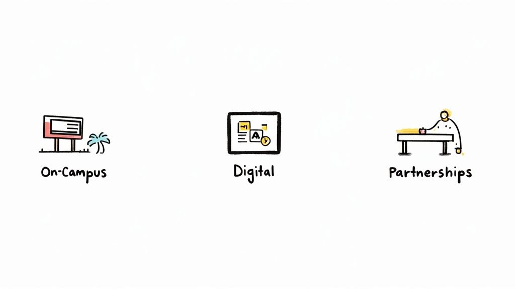 Doodle-style illustrations depict three categories: On-Campus, Digital, and Partnerships, for education outreach.