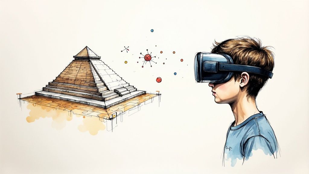Students wearing VR headsets and interacting with a virtual environment in their classroom.