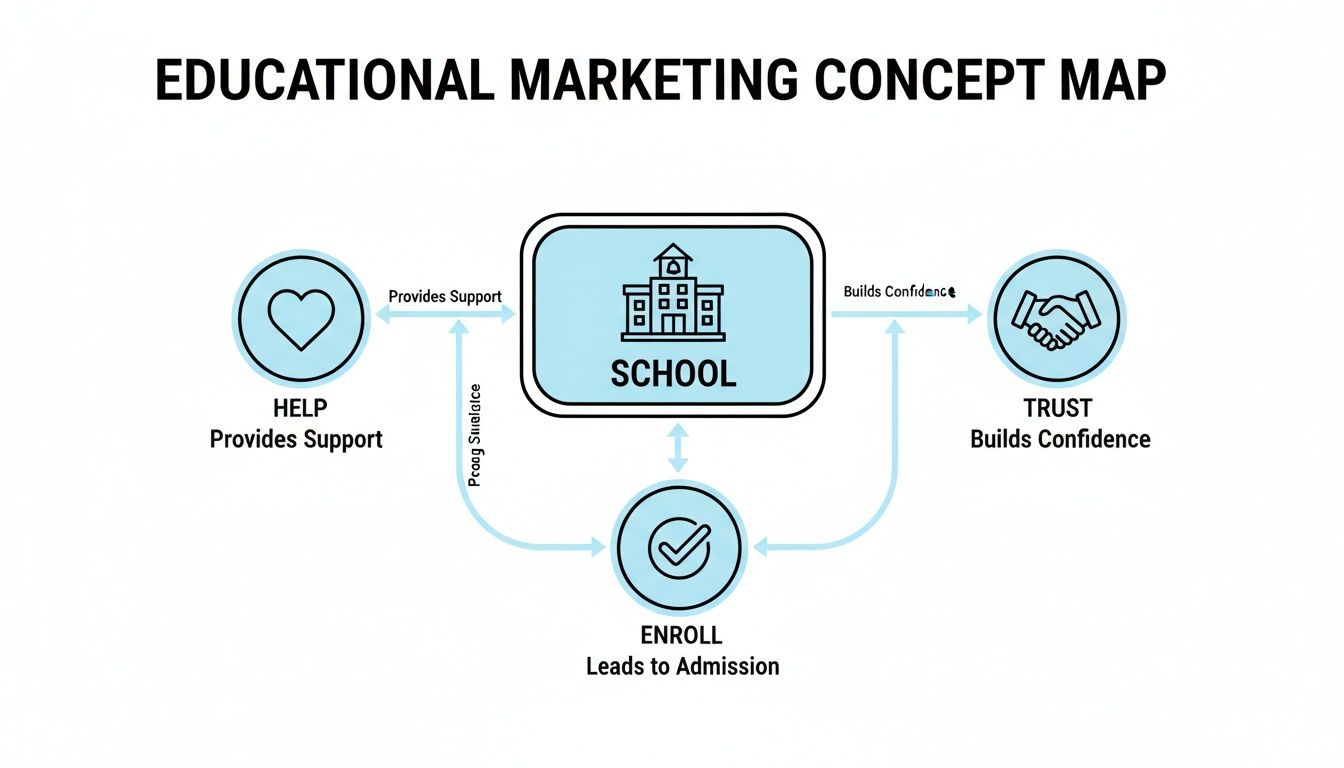 A concept map illustrating educational marketing, showing school, help, trust, and enrollment relationships.