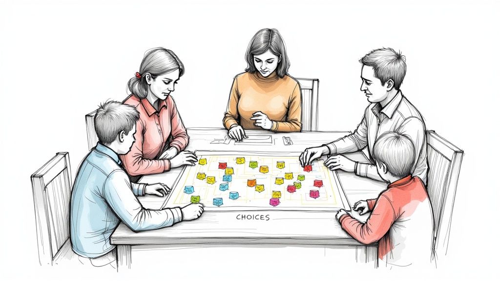 Group of diverse parents and teachers sitting around a table in a school library, actively discussing plans.