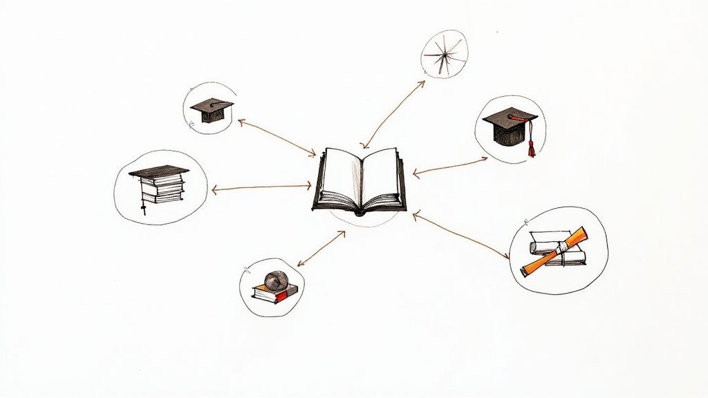 A magnifying glass over a map, symbolizing local search for schools.