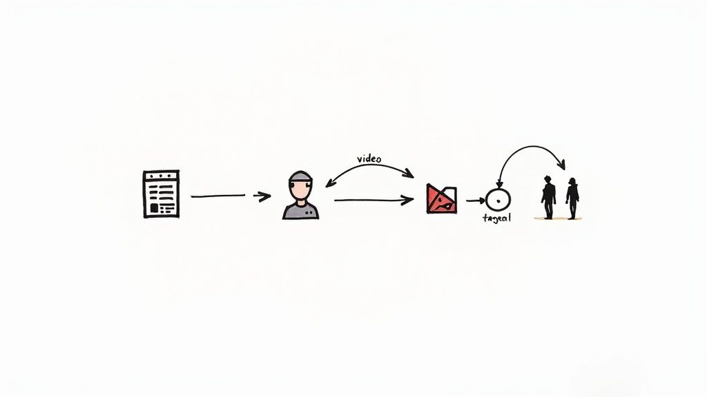 A hand-drawn diagram illustrating a workflow from a document to a person, video, a folder, and finally two people.