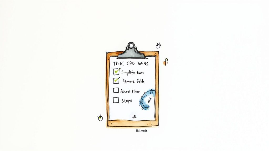 Hand-drawn checklist on a clipboard titled 'THIC CRO WINS' with 'Simplify form' and 'Remove fields' checked.