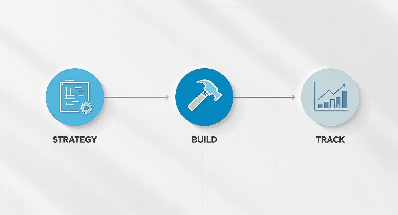 A three-step workflow diagram showing Strategy, Build, and Track phases with corresponding icons.