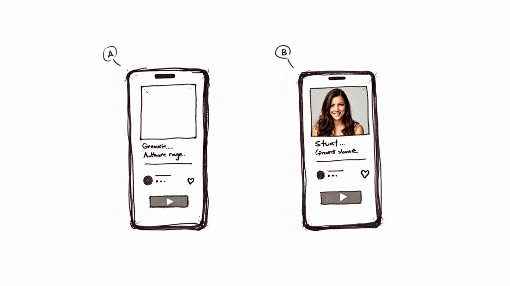 Two hand-drawn mobile phone screen wireframes comparing content layouts, one empty, the other with a user photo.