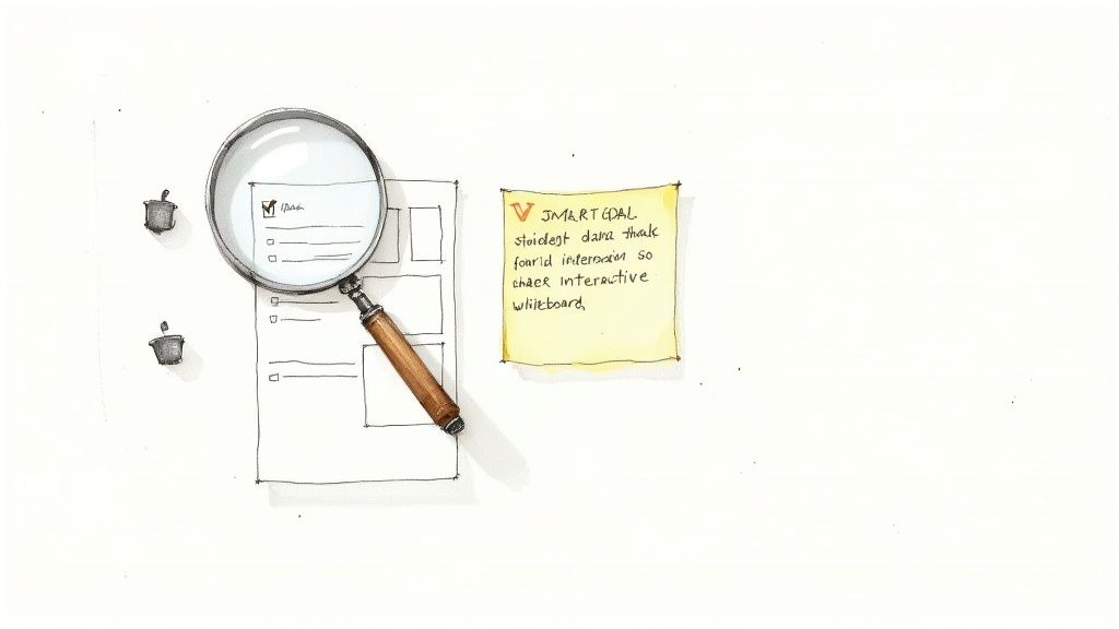 A magnifying glass examining a checklist next to a sticky note with a SMART goal.