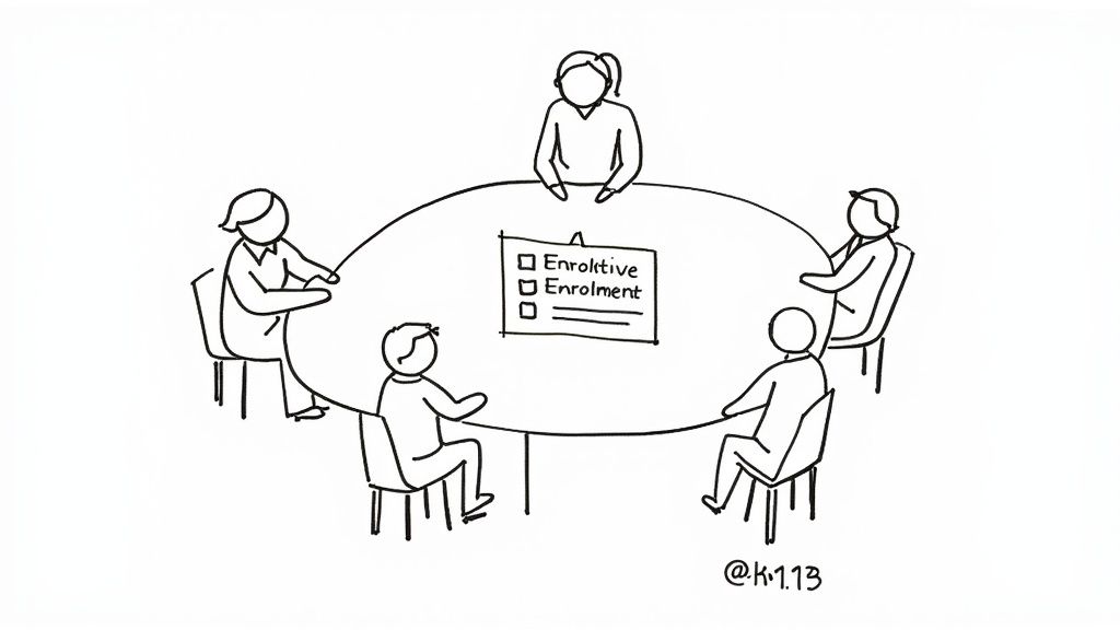 Group of people sitting around table discussing enrollment options during business meeting