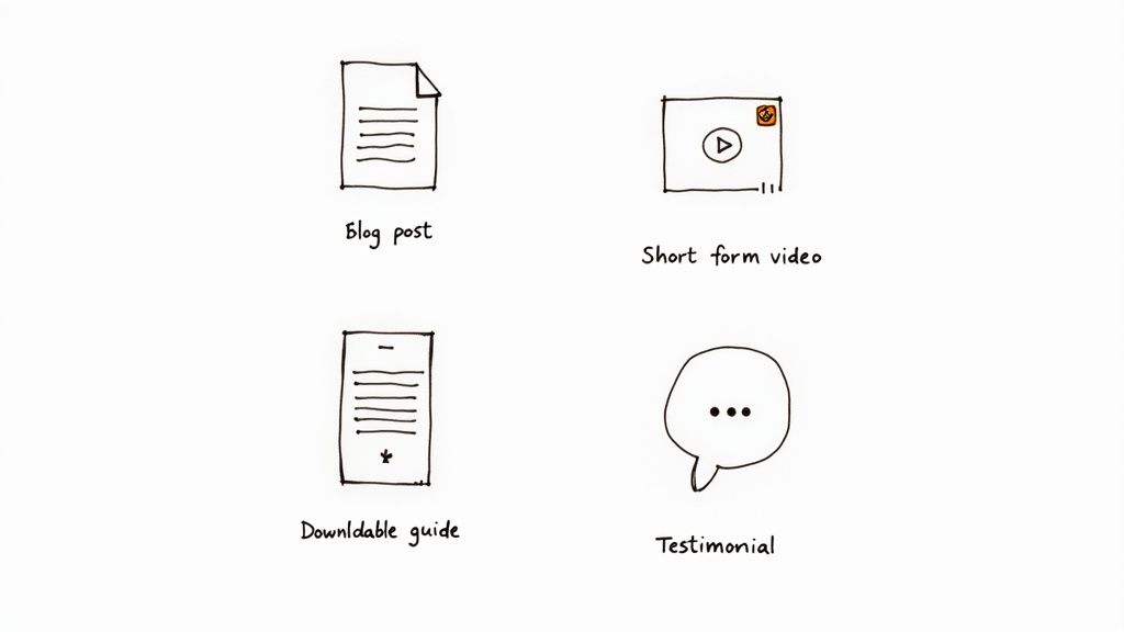 Four hand-drawn icons illustrating content types: blog post, short form video, downloadable guide, and testimonial.