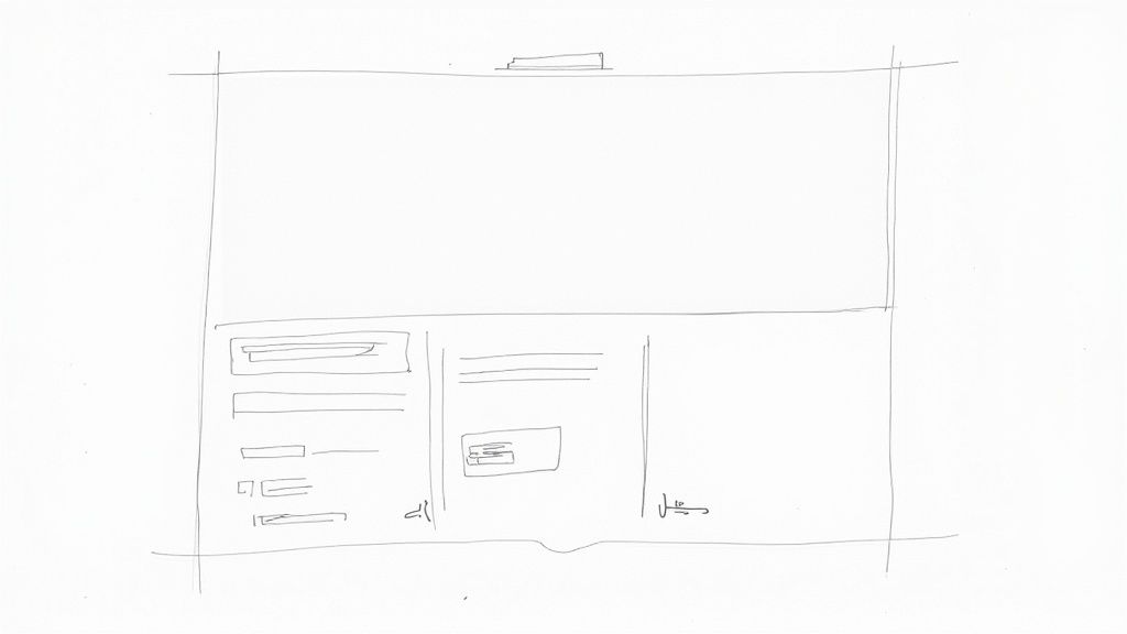 Hand-drawn wireframe sketch of a web page layout showing a header and three content columns.
