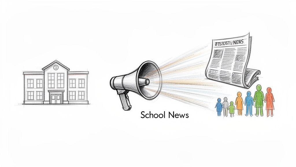 A school building, a megaphone announcing school news, a newspaper, and a diverse community group.