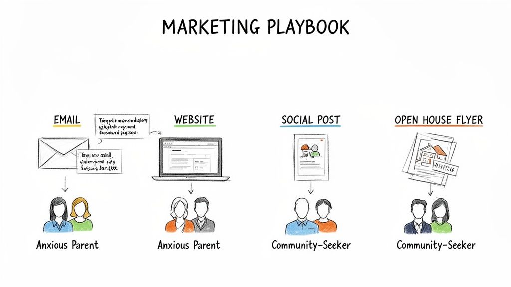 A marketing playbook showing email, website, social post, and open house flyer targeting Anxious Parent and Community-Seeker personas.