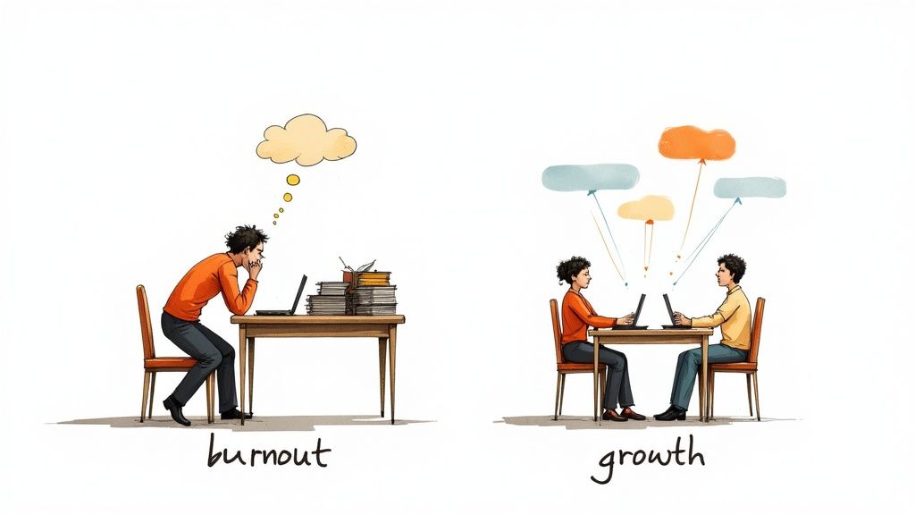 Illustration showing a stressed person working alone (burnout) versus two people collaborating (growth).