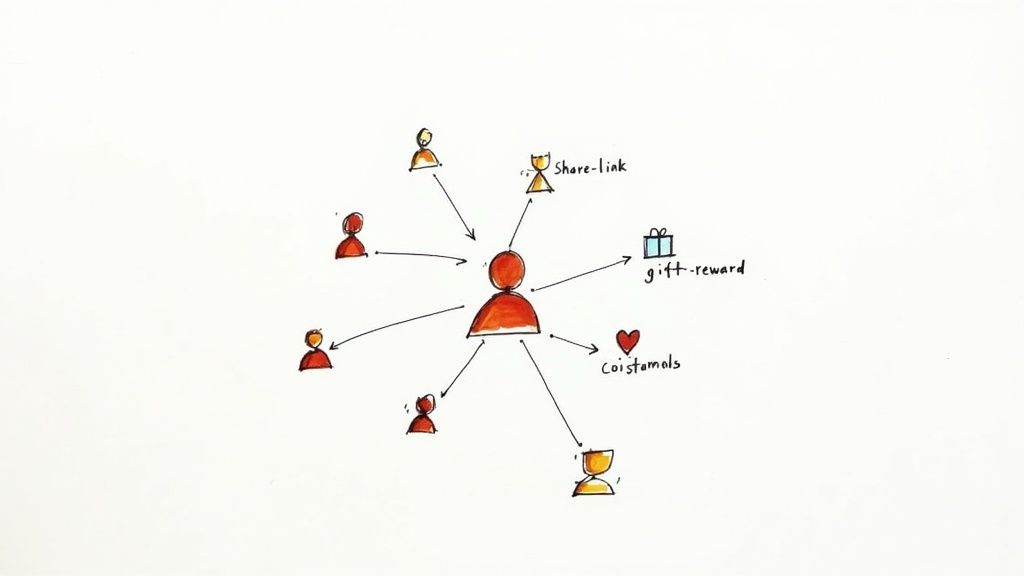 A hand-drawn diagram illustrating a central person connected to other people, share links, and rewards.