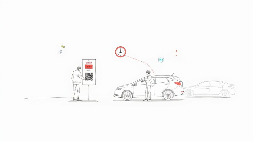 An illustration of two people using a digital system for car sharing or rental, with QR code and clock.