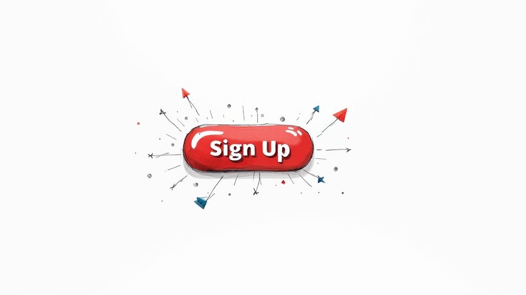 An animated, hand-drawn red 'Sign Up' button with arrows and doodles bursting around it.