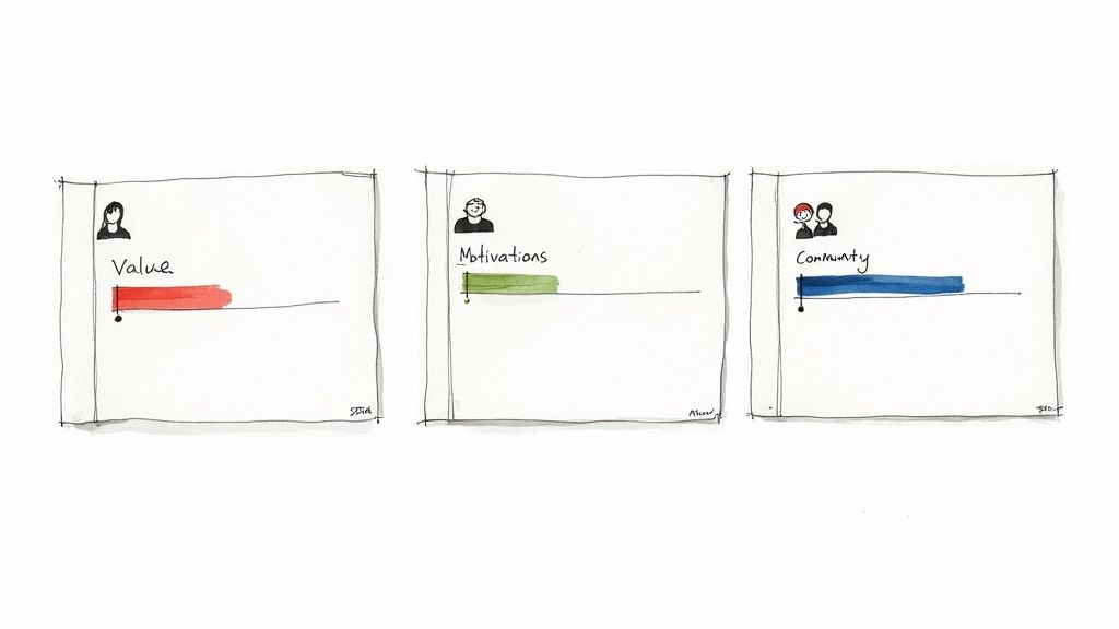Three hand-drawn cards illustrating 'Value', 'Motivations', and 'Community' with colorful bar charts.