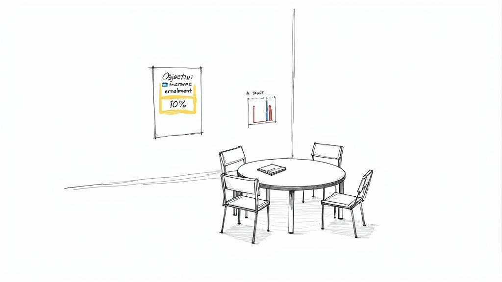 Conference room with round table, chairs, whiteboard showing enrollment growth objective of ten percent