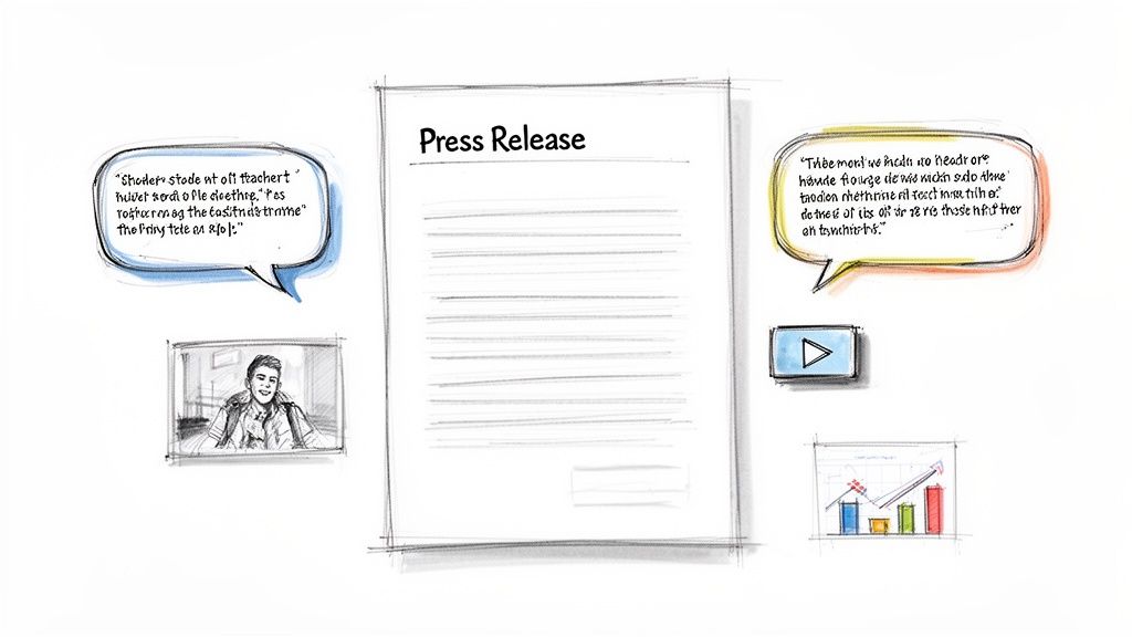 A whiteboard-style illustration of a press release document with handwritten text, quotes, and visual elements.