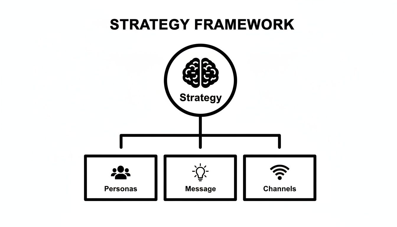A strategy framework diagram showing personas, message, and channels branching from a central strategy.
