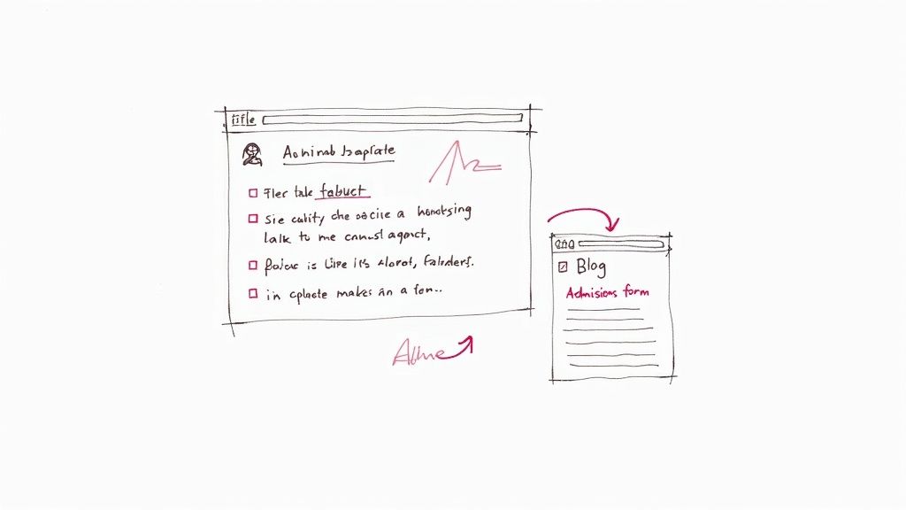 Hand-drawn website wireframes showing content structure, user profile, a blog, and admissions form concepts.