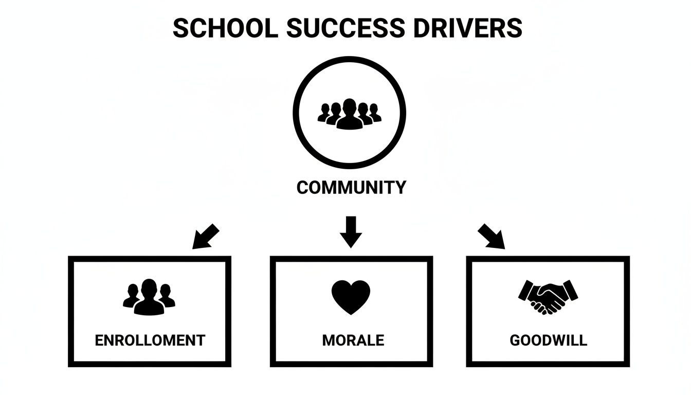 A diagram illustrating school success drivers, showing community impacting enrollment, morale, and goodwill.