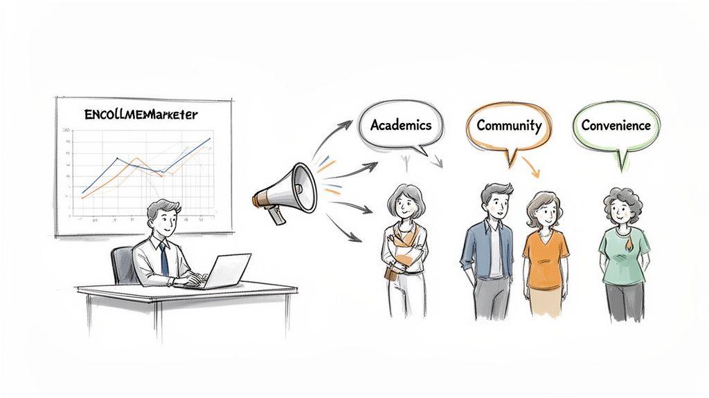 A marketer uses data from a graph to target personas based on academics, community, and convenience.