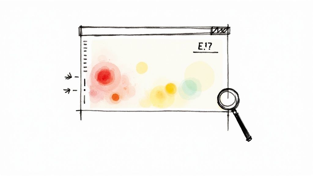 Illustration of website analytics showing user engagement with color-coded hot spots and a magnifying glass.