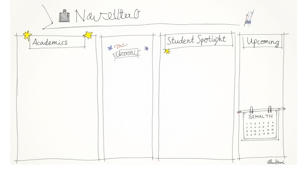 Hand-drawn school newsletter template layout with sections for academics, student spotlight, and upcoming events