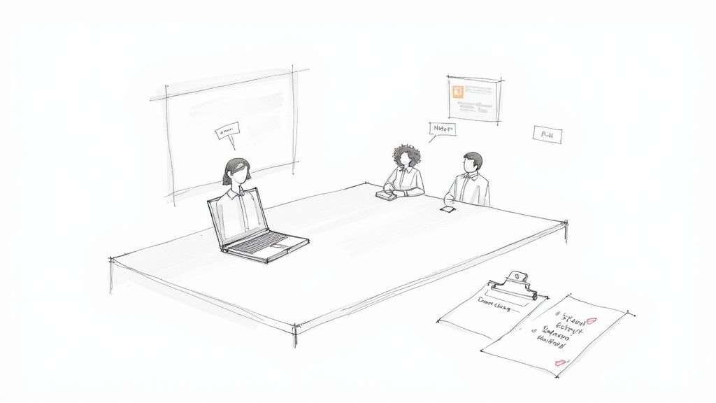 Sketch of a hybrid team meeting with one virtual participant on a laptop and two in-person.