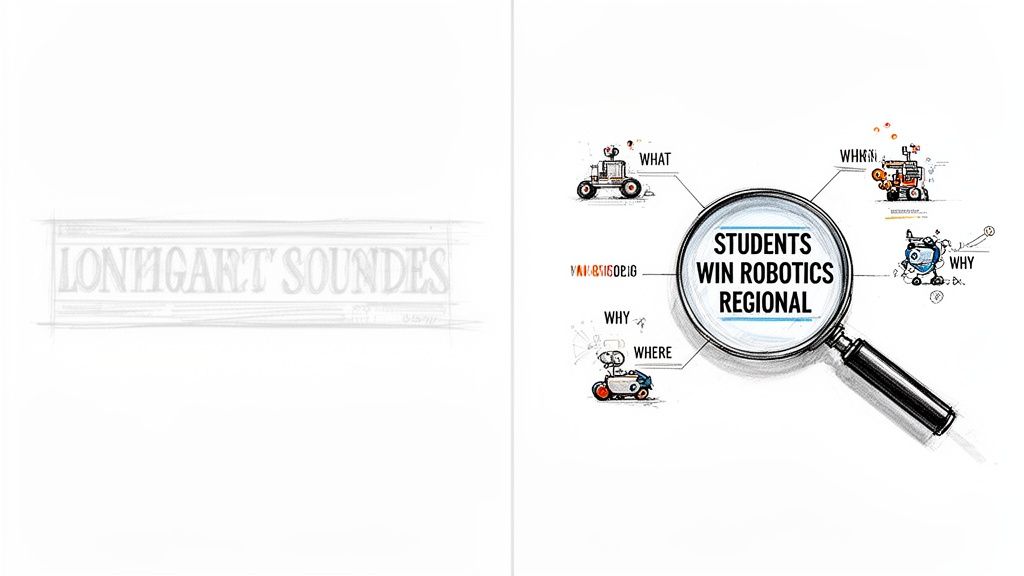 An illustration of a magnifying glass highlighting 'Students Win Robotics Regional' surrounded by cartoon robots explaining news elements.