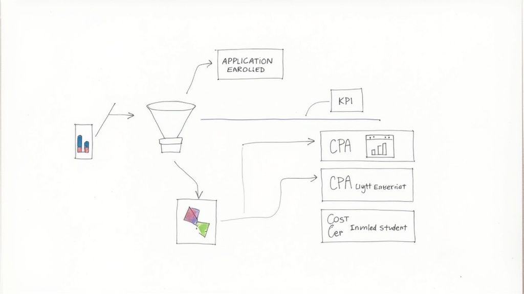 A hand-drawn diagram illustrating an education application and enrollment funnel leading to KPI and CPA analysis.