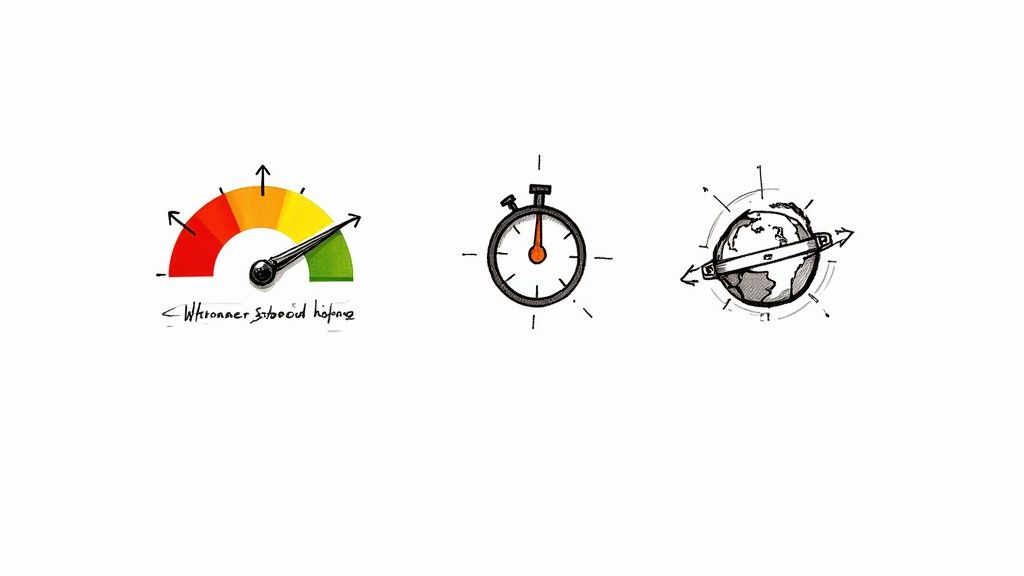 A series of three hand-drawn icons: a performance gauge, a stopwatch, and a globe with directional arrows.