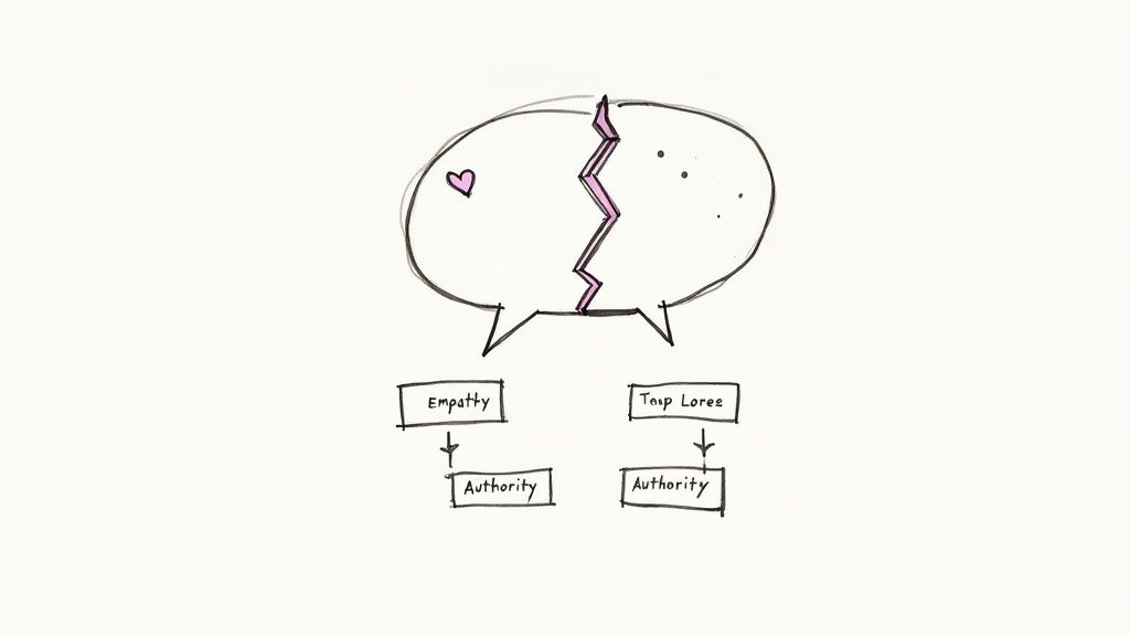 A broken speech bubble showing 'Empathy' and 'Tans Loree' leading to 'Authority', symbolizing divided communication.