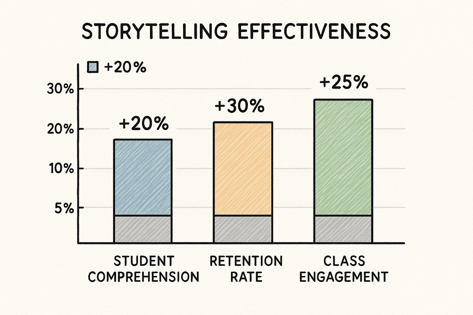 Infographic showing that storytelling increases student comprehension by 20%, retention rate by 30%, and class engagement by 25%.