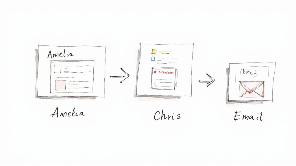 A hand-drawn diagram illustrating a customer journey from Amelia's profile to Chris's Instagram and then an email.