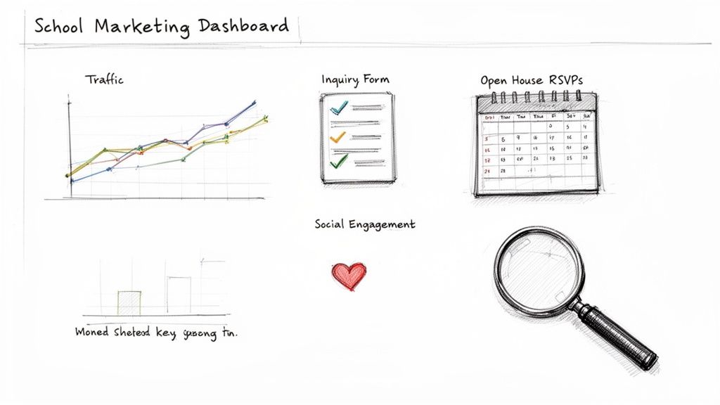 Hand-drawn school marketing dashboard showing traffic, inquiry forms, open house RSVPs, and social engagement metrics.