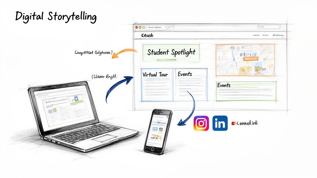 Digital storytelling diagram shows content flow from laptop and phone to web pages and social media.