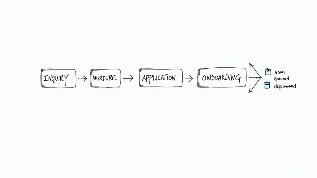 A flowchart illustrating a customer journey: inquiry, nurture, application, onboarding, and SMS communication.